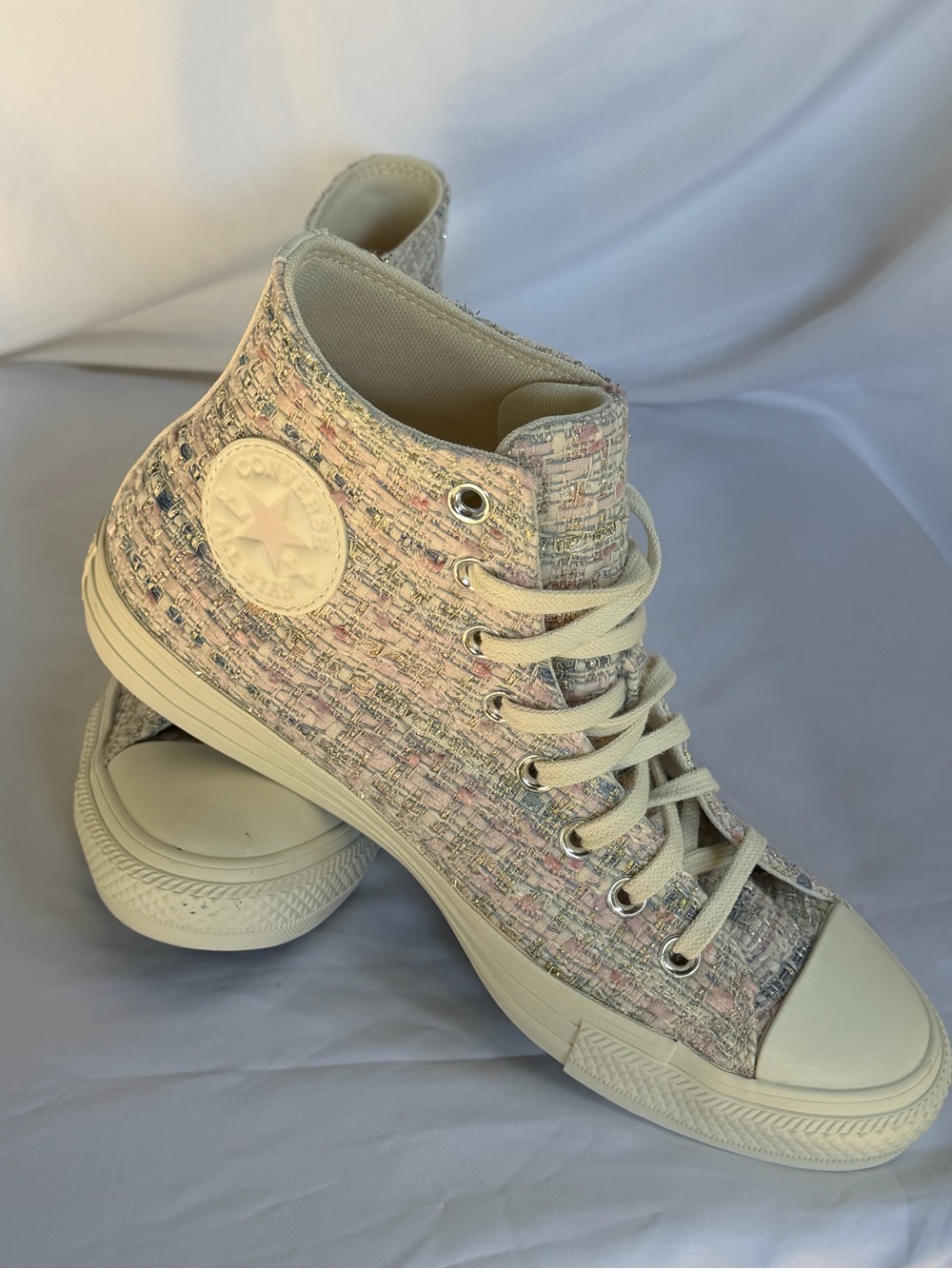 Converse Women's High-Top Tweed Sneakers in Cream with Pastel Accents